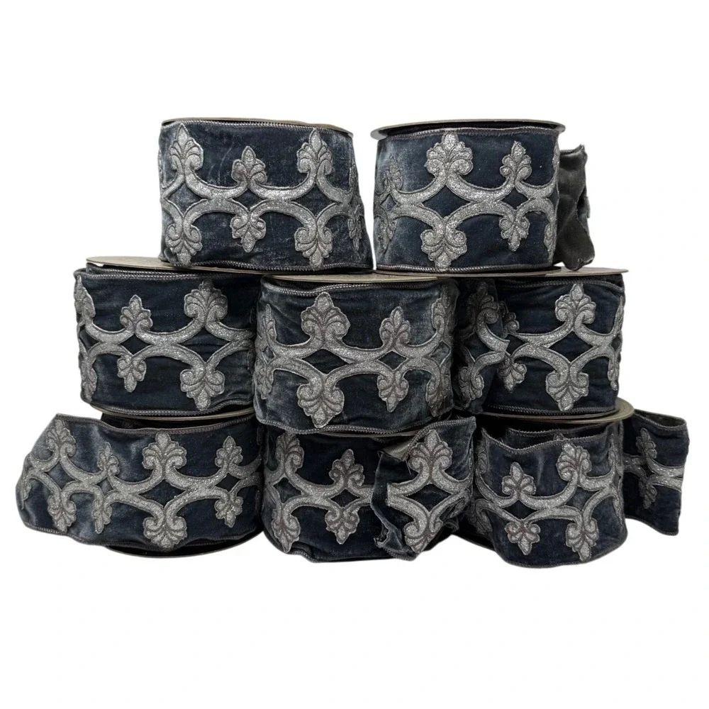d. stevens French Blue Velvet Ribbon 4in x 5yd Silver Glitter Damask 4002025 Lot